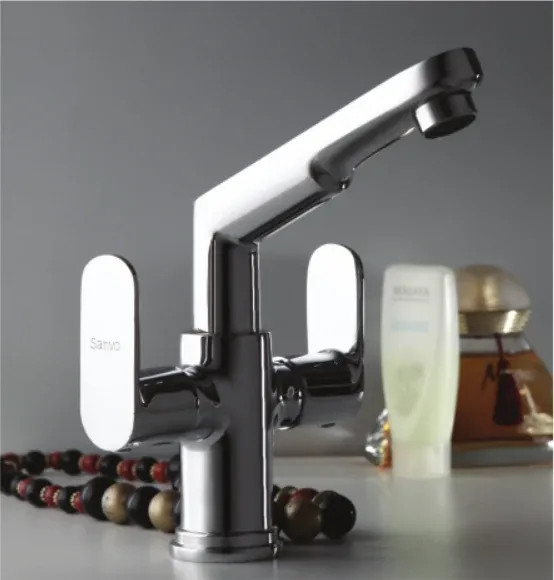 Sanvo Opal Gold central hole basin mixer with dual sculpted handles and swivel spout